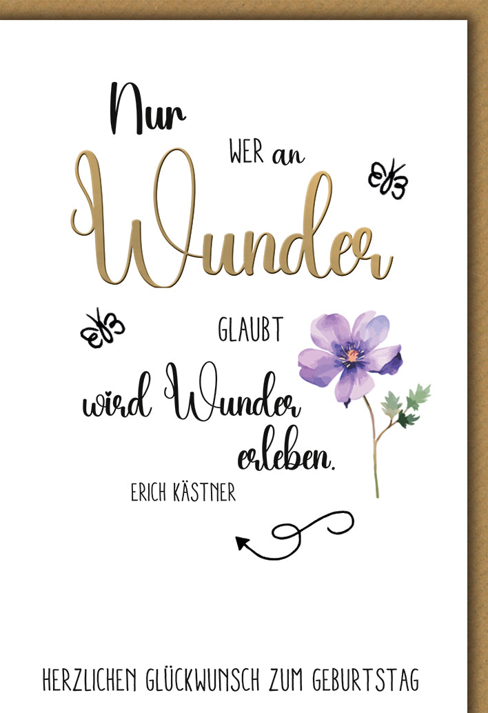 Geburtstagskarte Elegant: Aquarell-Veilchen mit Erich Kästner Zitat über Wunder
