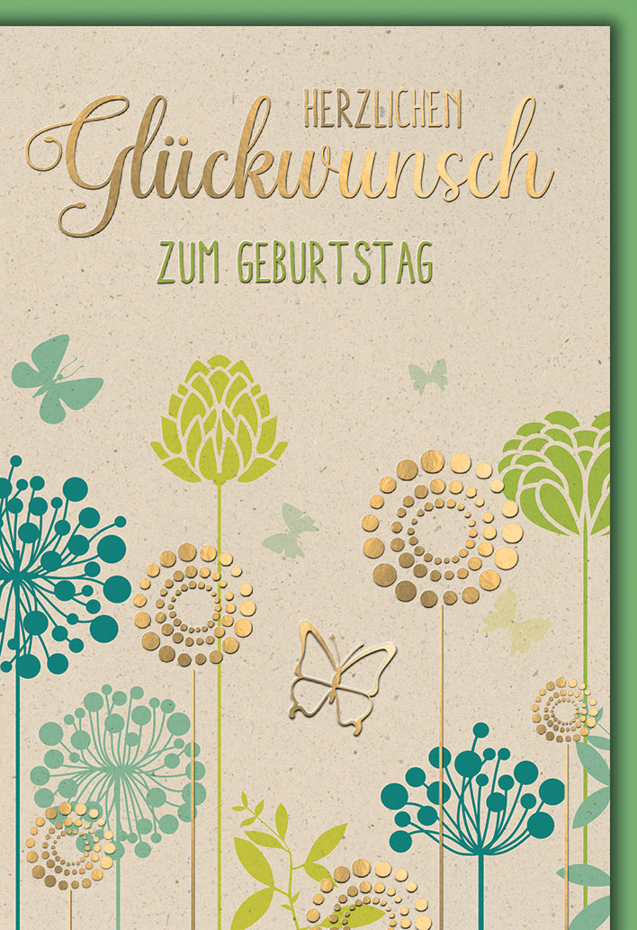 Geburtstagskarte Elegant: Botanische Allium-Illustration in Grün-Gold, moderne Blumen-Kunst