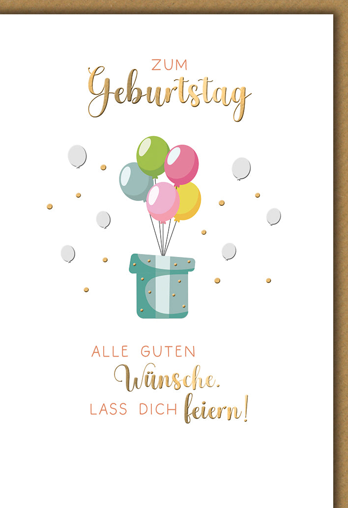 Geburtstagskarte Elegant: Bunte Luftballons an Geschenkbox mit goldener Kalligrafie