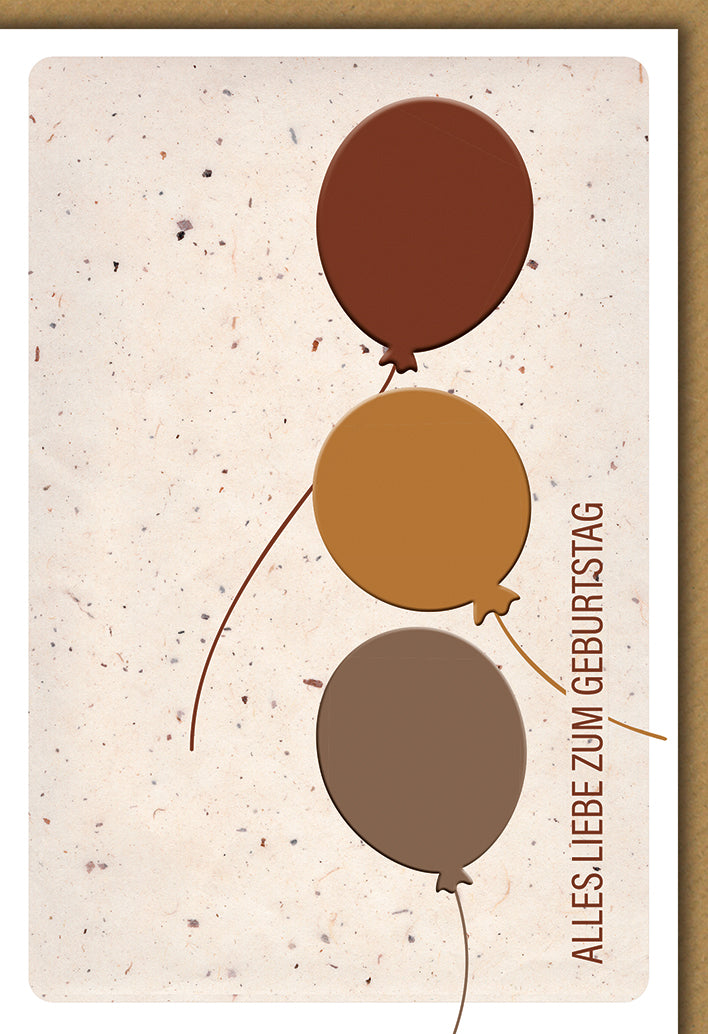 Geburtstagskarte Elegant: Drei Luftballons in warmen Brauntönen auf Naturpapier