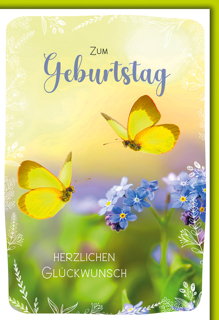 Geburtstagskarte Elegant: Gelbe Schmetterlinge über blauen Vergissmeinnicht, Frühling