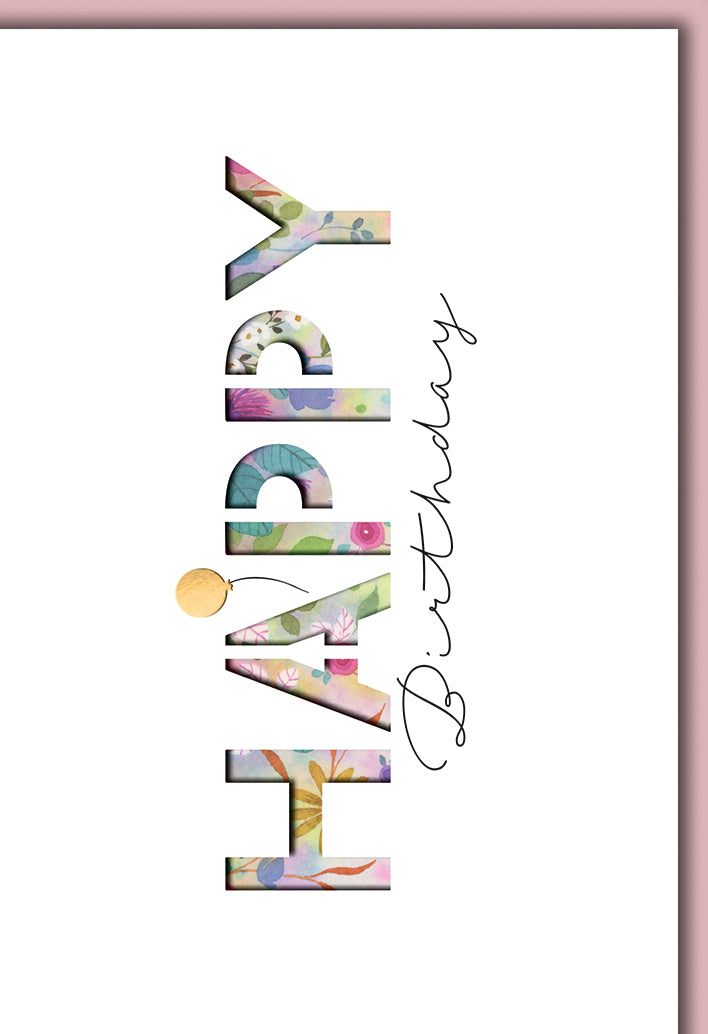 Geburtstagskarte Elegant: HAPPY-Schriftzug in Aquarell-Optik mit floralen Mustern