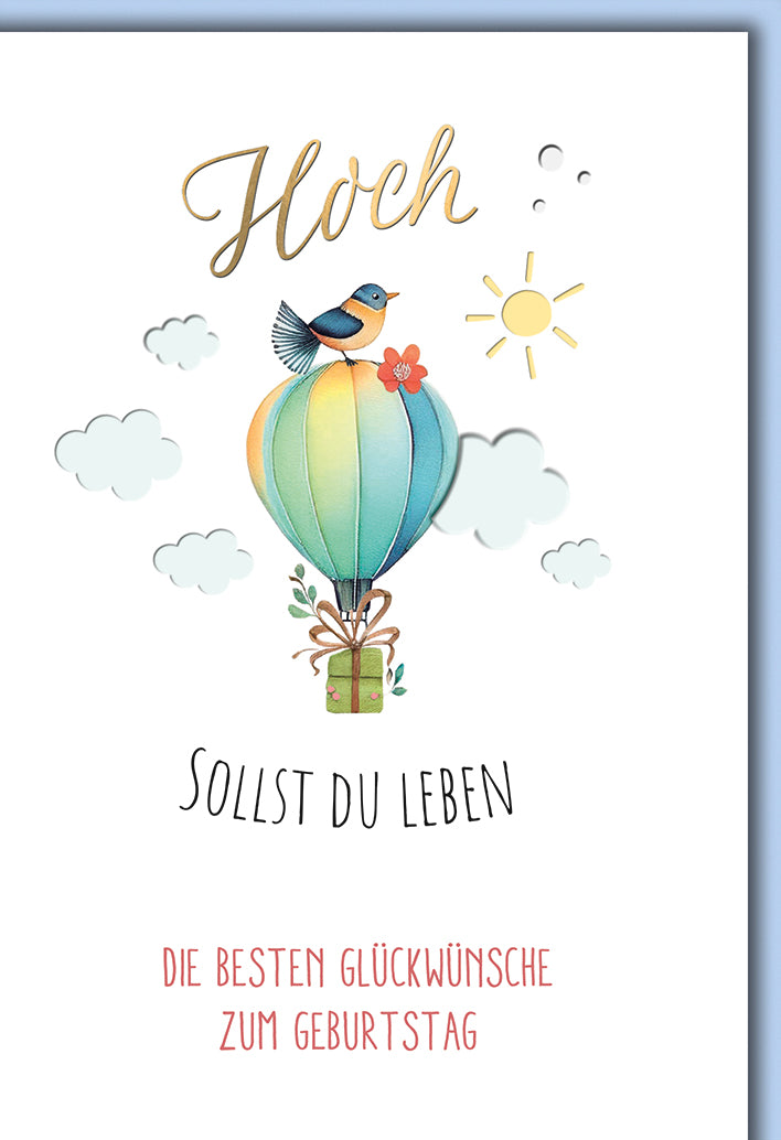 Geburtstagskarte Elegant: Heißluftballon in Aquarell-Optik mit Vogel und Wolken