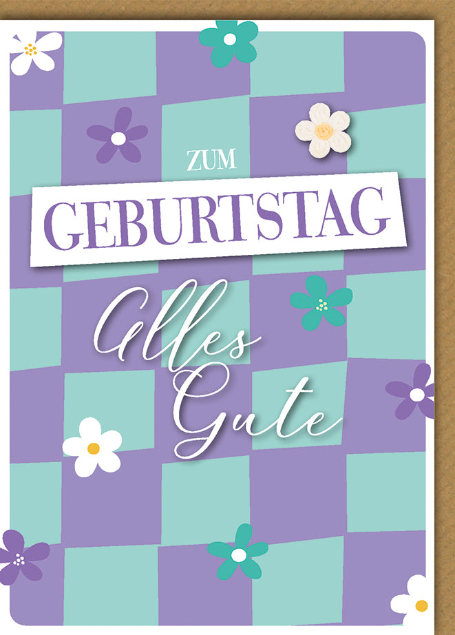 Geburtstagskarte Elegant: Kachel-Design in Lila-Mint mit dezenten Blüten-Akzenten