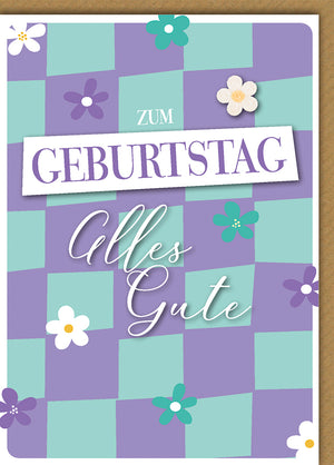Geburtstagskarte Elegant: Kachel-Design in Lila-Mint mit dezenten Blüten-Akzenten