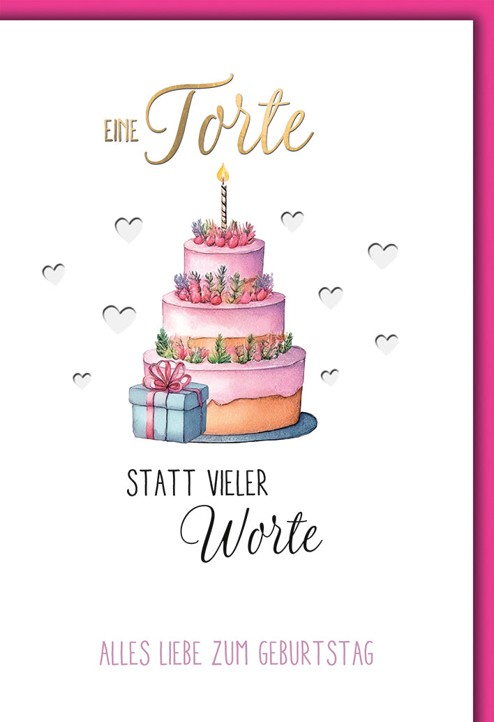 Geburtstagskarte Elegant: Mehrstöckige Torte in Aquarell-Stil mit Herzen und Spruch