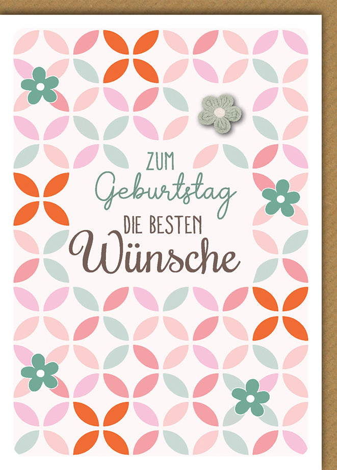 Geburtstagskarte Elegant: Pastell-Blütenmuster mit Häkelblume und stilvoller Typografie