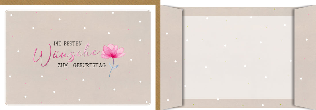 Geburtstagskarte Elegant: Rosa Aquarell-Blume auf Beige mit zartem Punktmuster