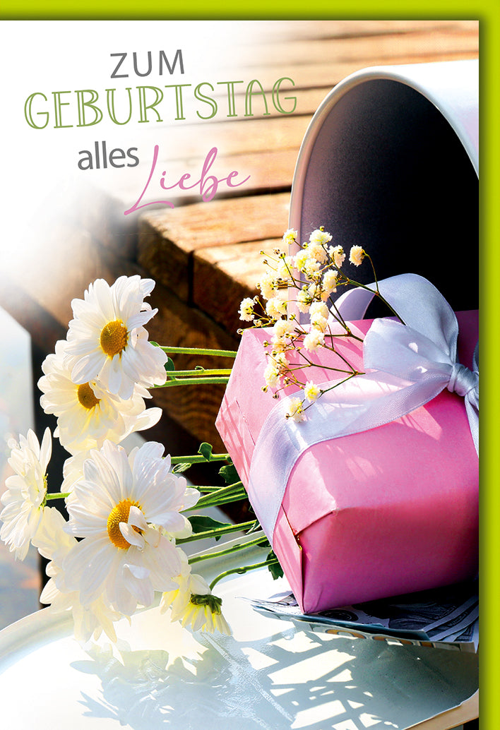 Geburtstagskarte Elegant: Rosa Geschenkbox mit weißen Margeriten in Mailbox, romantisch