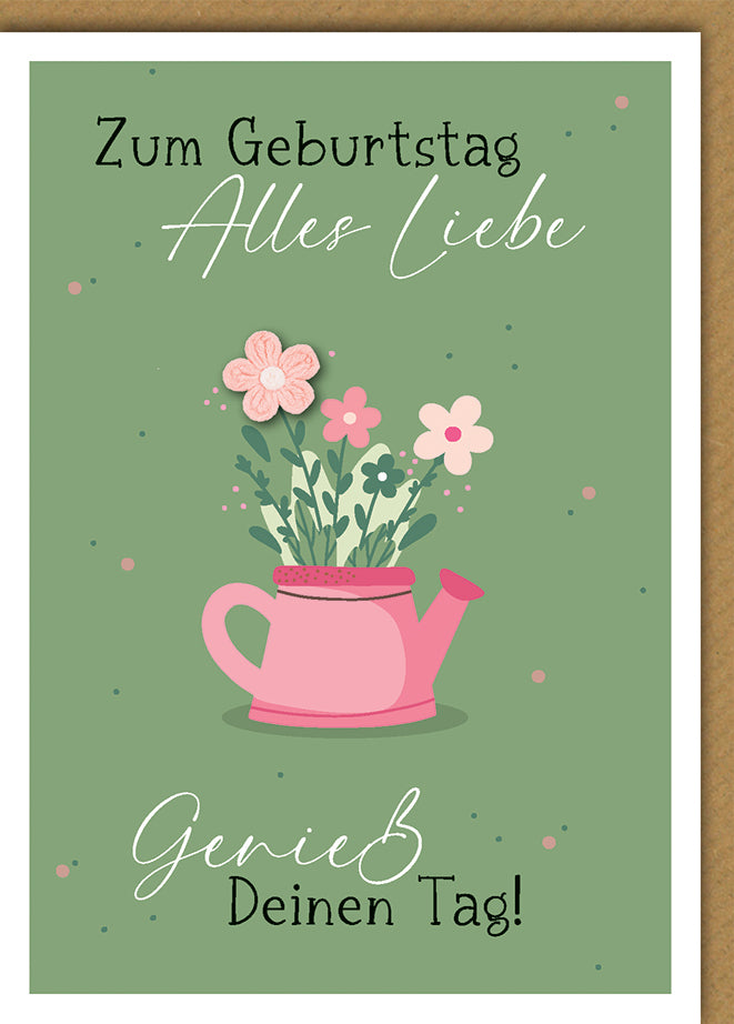 Geburtstagskarte Elegant: Rosa Gießkanne mit Blumenstrauß auf grünem Hintergrund