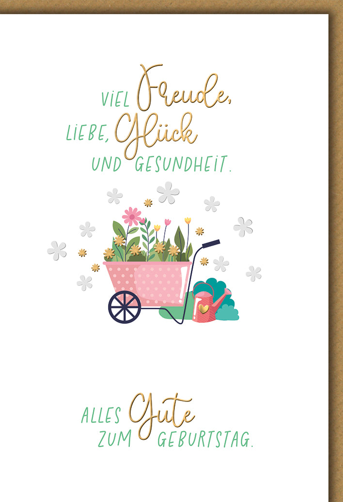 Geburtstagskarte Elegant: Rosa Schubkarre mit Blumen-Bouquet, moderne Kalligrafie