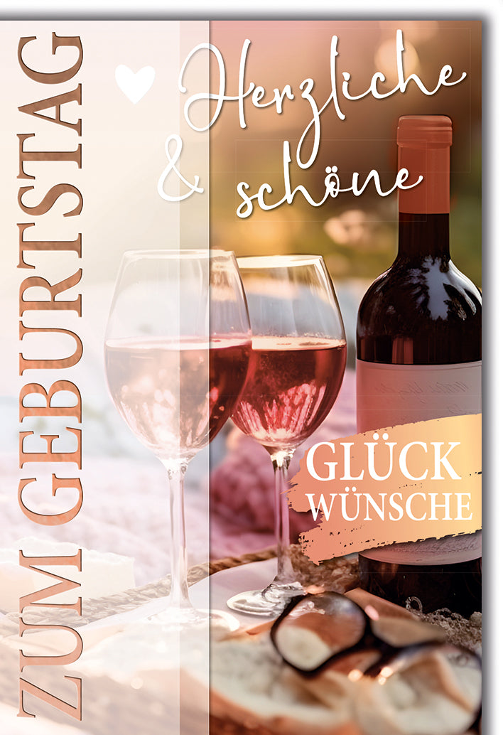 Geburtstagskarte Elegant: Rotwein und Gläser im goldenen Sonnenuntergang, warme Töne