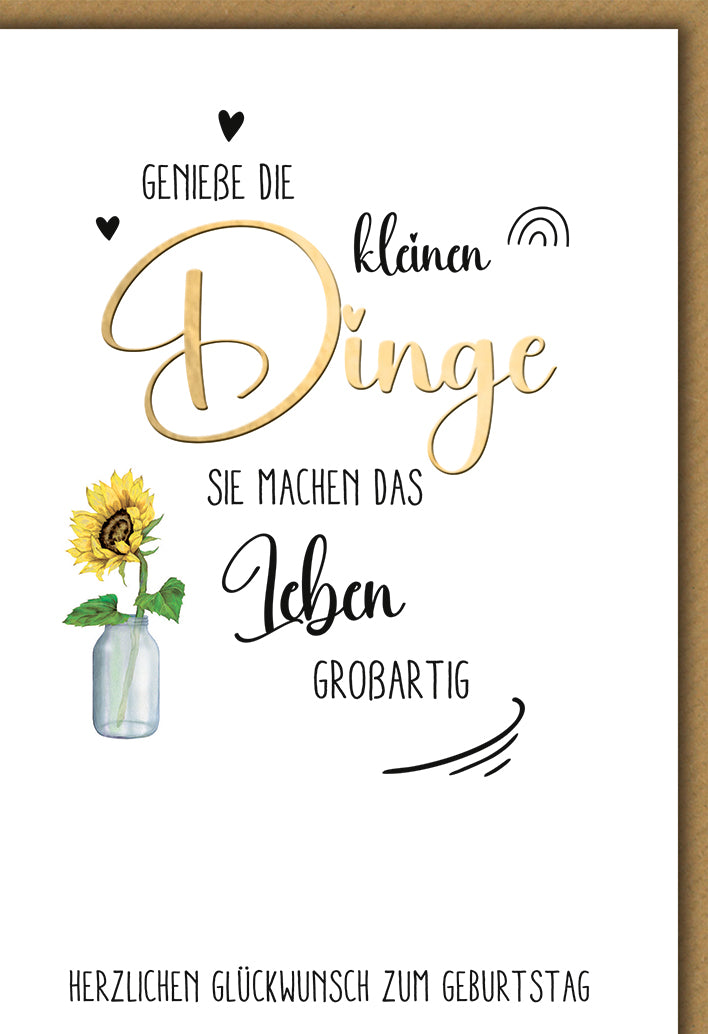 Geburtstagskarte Elegant: Sonnenblume im Glas mit inspirierendem Lebens-Spruch