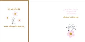 Geburtstagskarte Elegant: Stick-Figur mit Rosa Blumen-Motiven, emotionaler Spruch