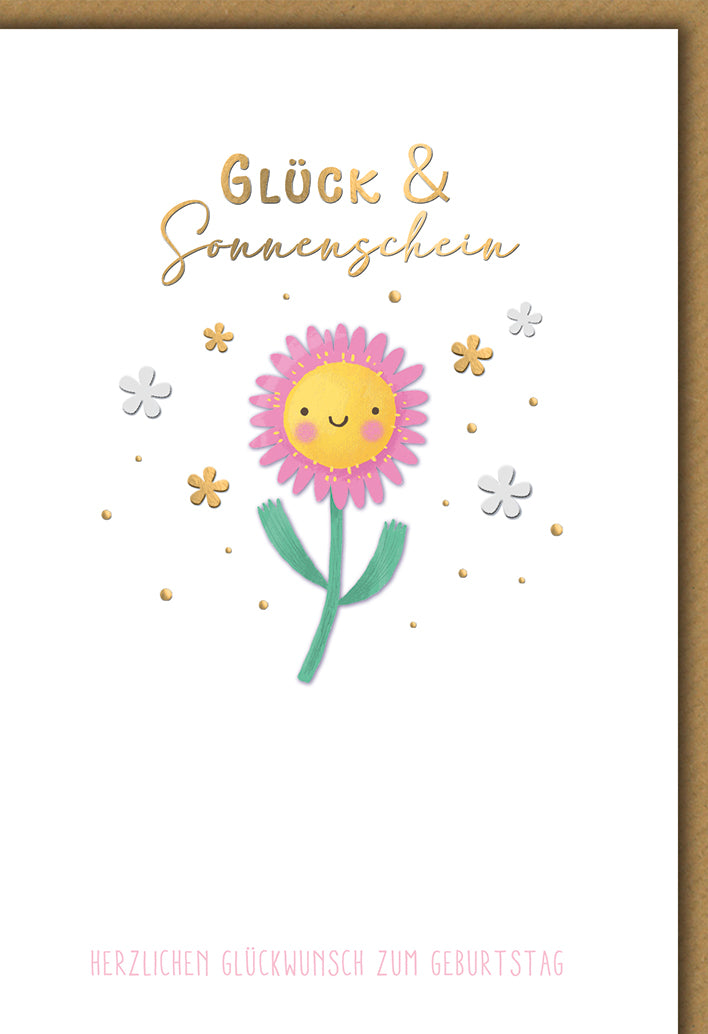 Geburtstagskarte Elegant: Süße Sonnenblume mit Lächeln in Rosa-Gold, emotionales Design