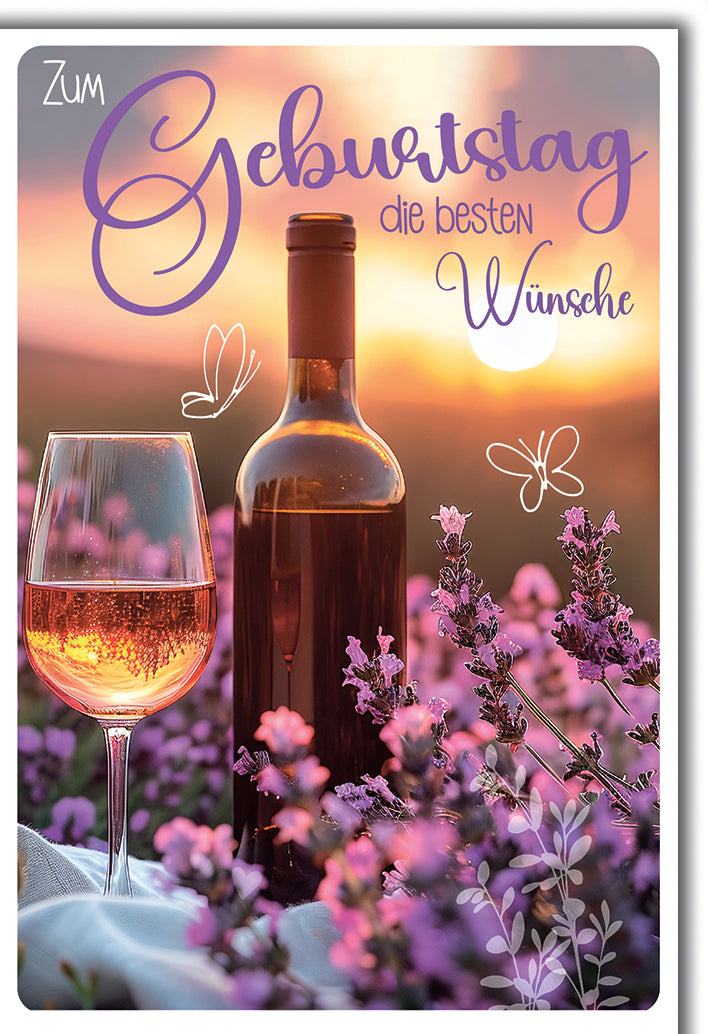 Geburtstagskarte Elegant: Wein und Lavendel im Sonnenuntergang, romantische Atmosphäre