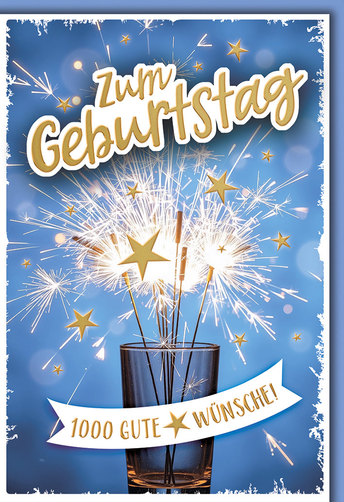 Geburtstagskarte Elegant: Wunderkerzen-Glas mit goldenen Sternen, moderne Typografie