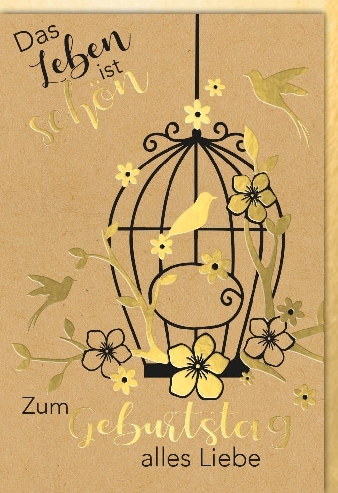 Geburtstagskarte "Black & Gold" – Elegantes Vogelkäfig-Design mit Goldblüten & Folienprägung für besondere Glückwünsche, inkl. Umschlag
