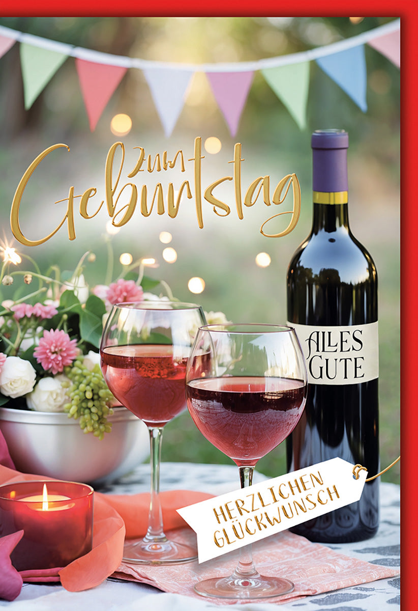 Geburtstagskarte: Elegantes Weinfest-Design mit Blumen, Kerzen & Girlanden – Perfekt für Weinliebhaber