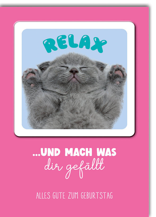 Geburtstagskarte mit Bierdeckel - Entspannung: Relaxtes graues Kitten mit Pfoten hoch, rosa Design