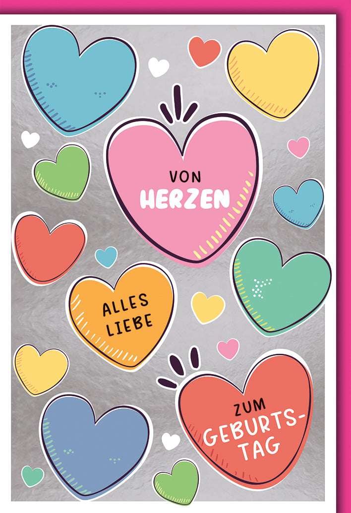 Geburtstagskarte Frauen: Bunte Herzen in Pastell-Tönen mit romantischen Sprüchen