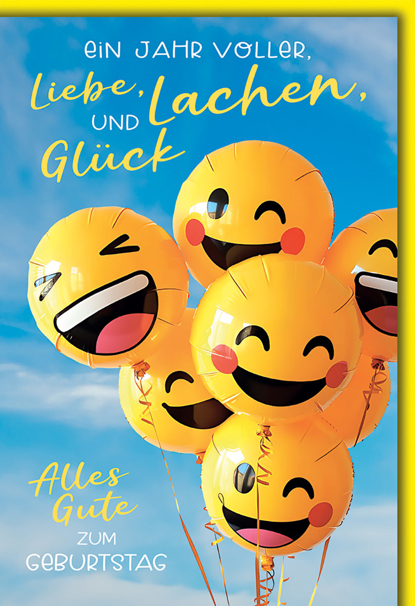 Geburtstagskarte: Fröhliche Emoji-Ballons in leuchtendem Gelb für ein Jahr voller Lachen und Glück