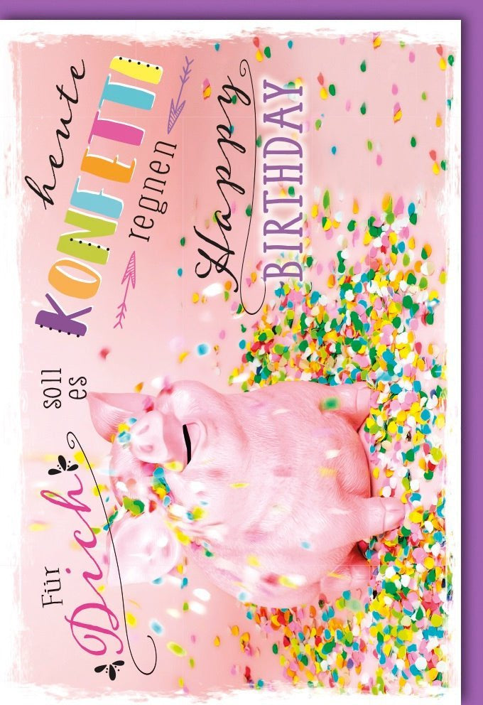 Geburtstagskarte: Fröhliche Schweinchen & Konfetti – Happy Birthday Freude pur mit farblich passendem Kuvert