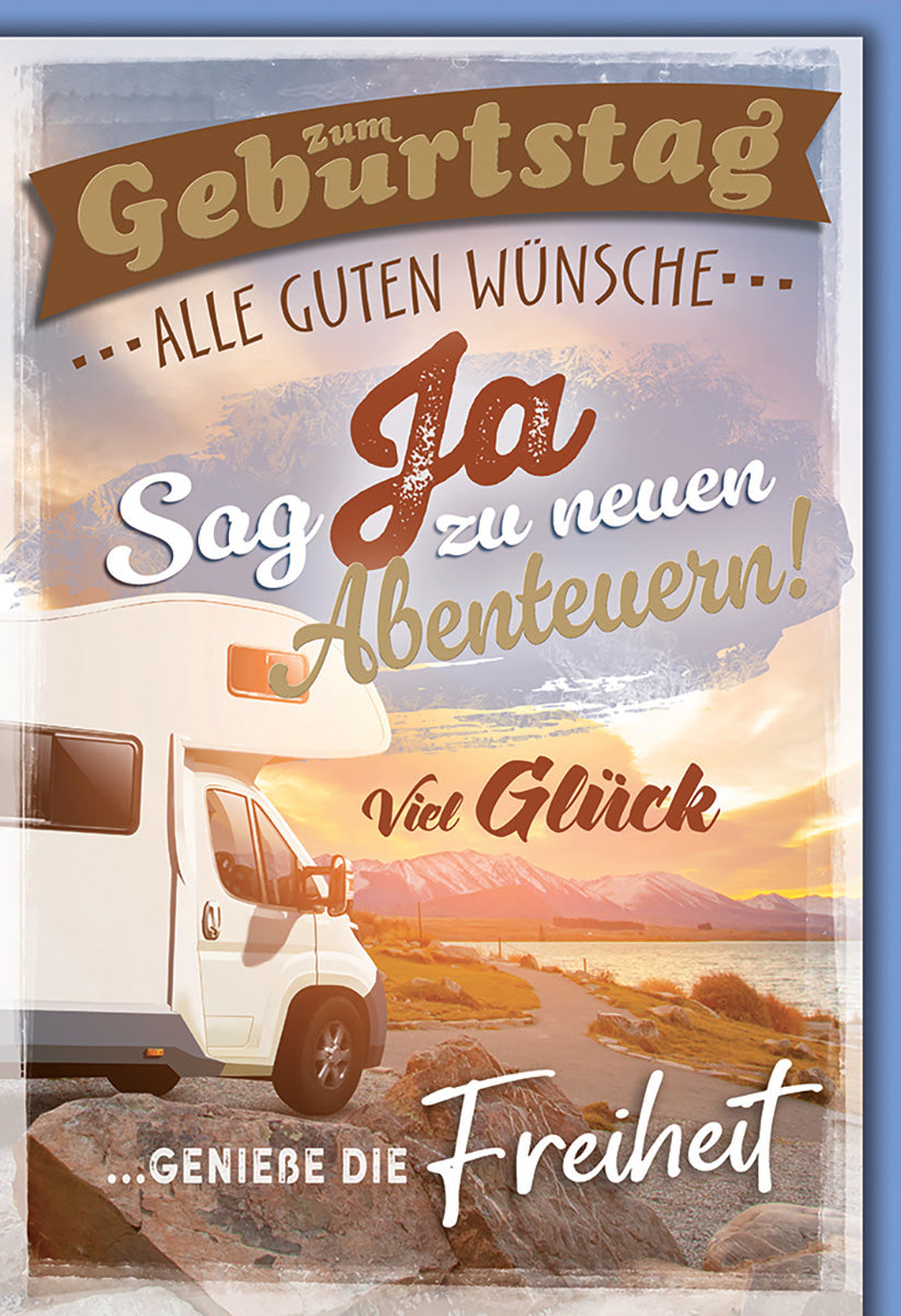 Geburtstagskarte für Abenteurer: Vintage-Design mit Wohnmobil, Sonnenuntergang und inspirierendem Spruch