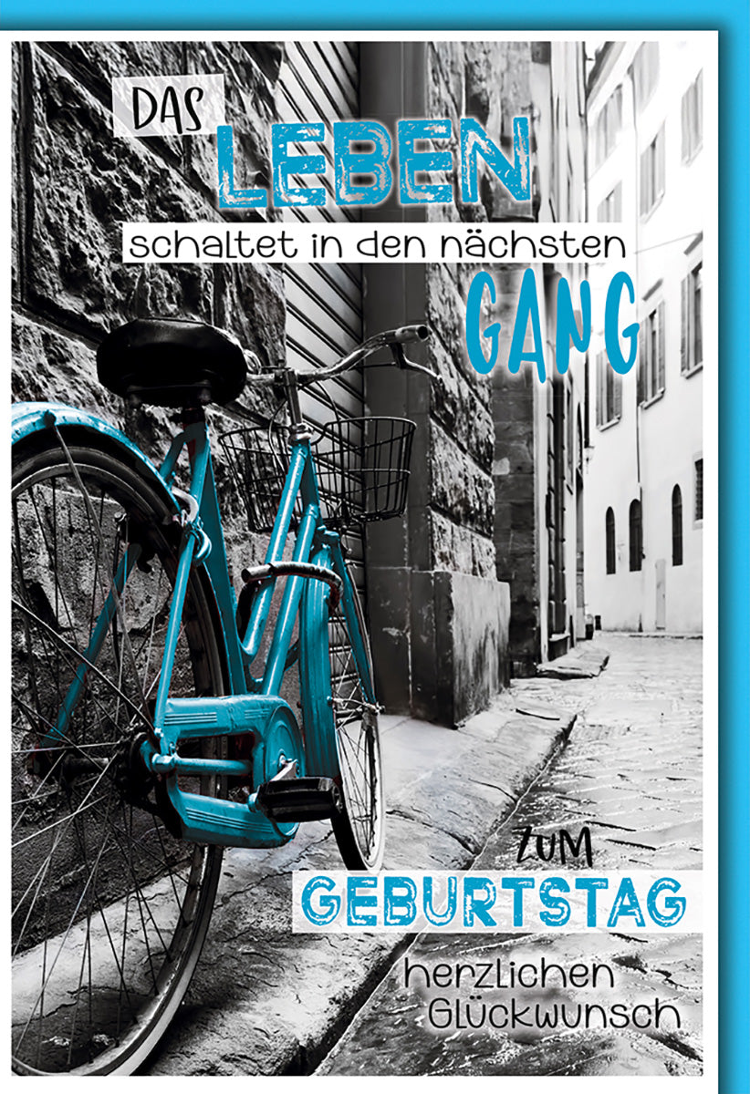 Geburtstagskarte für Fahrradliebhaber: Retro-Stil mit blauem Fahrradmotiv und inspirierendem Zitat