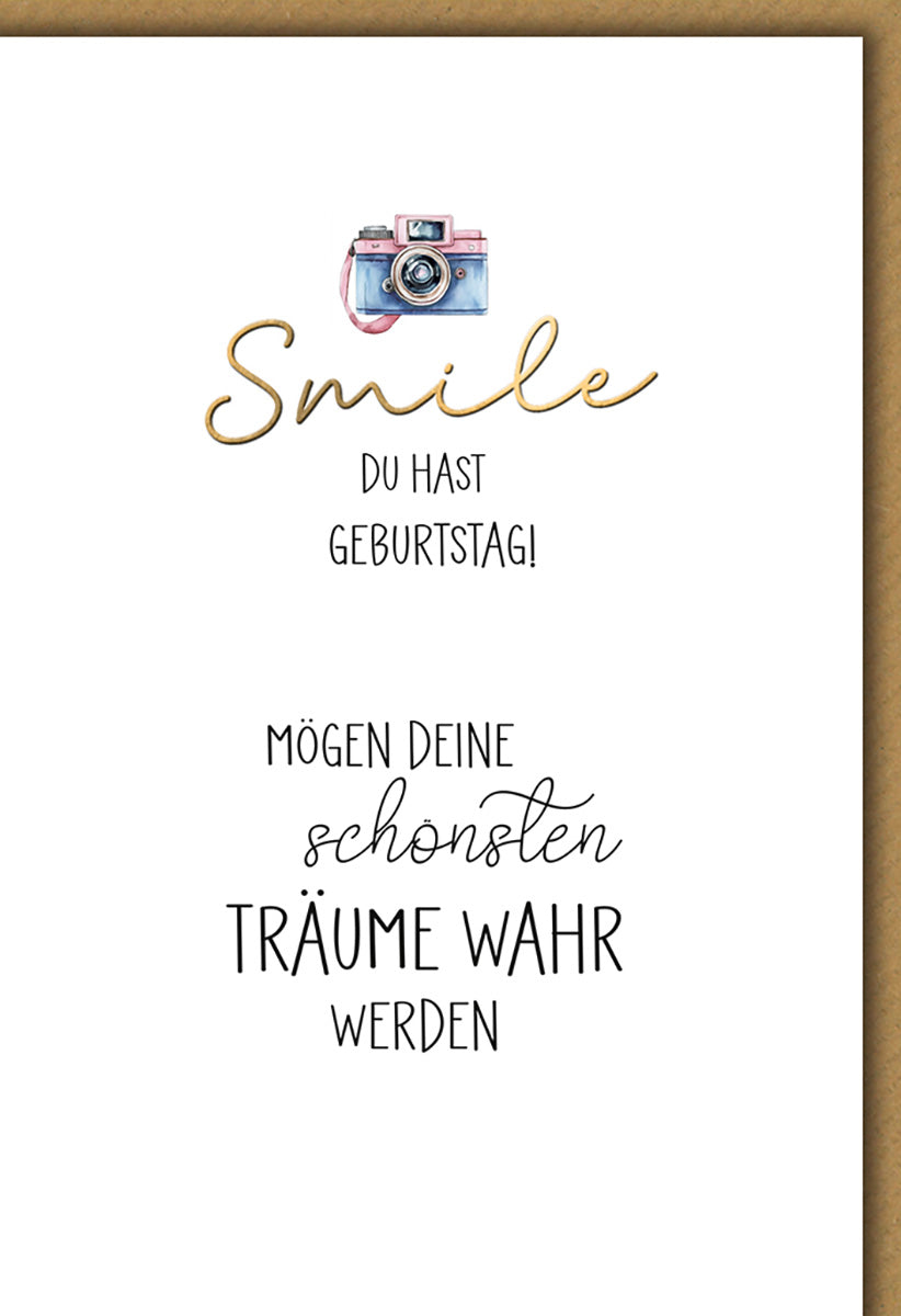 Geburtstagskarte für Fotografie-Liebhaber – Vintage Kamera Design, Goldschrift, Wünsche in Schwarz-Weiß