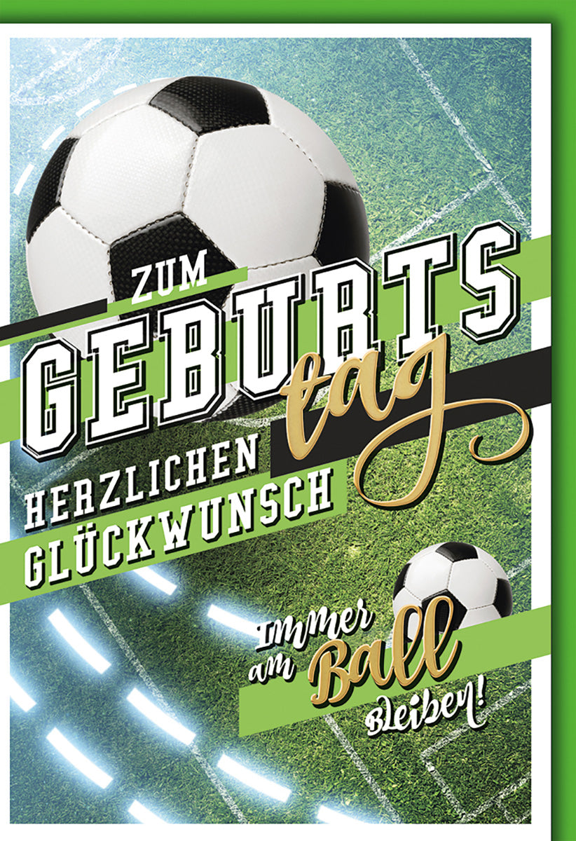 Geburtstagskarte für Fußballfans: Dynamisches Design mit Fußballmotiv und sportlichen Grüntönen