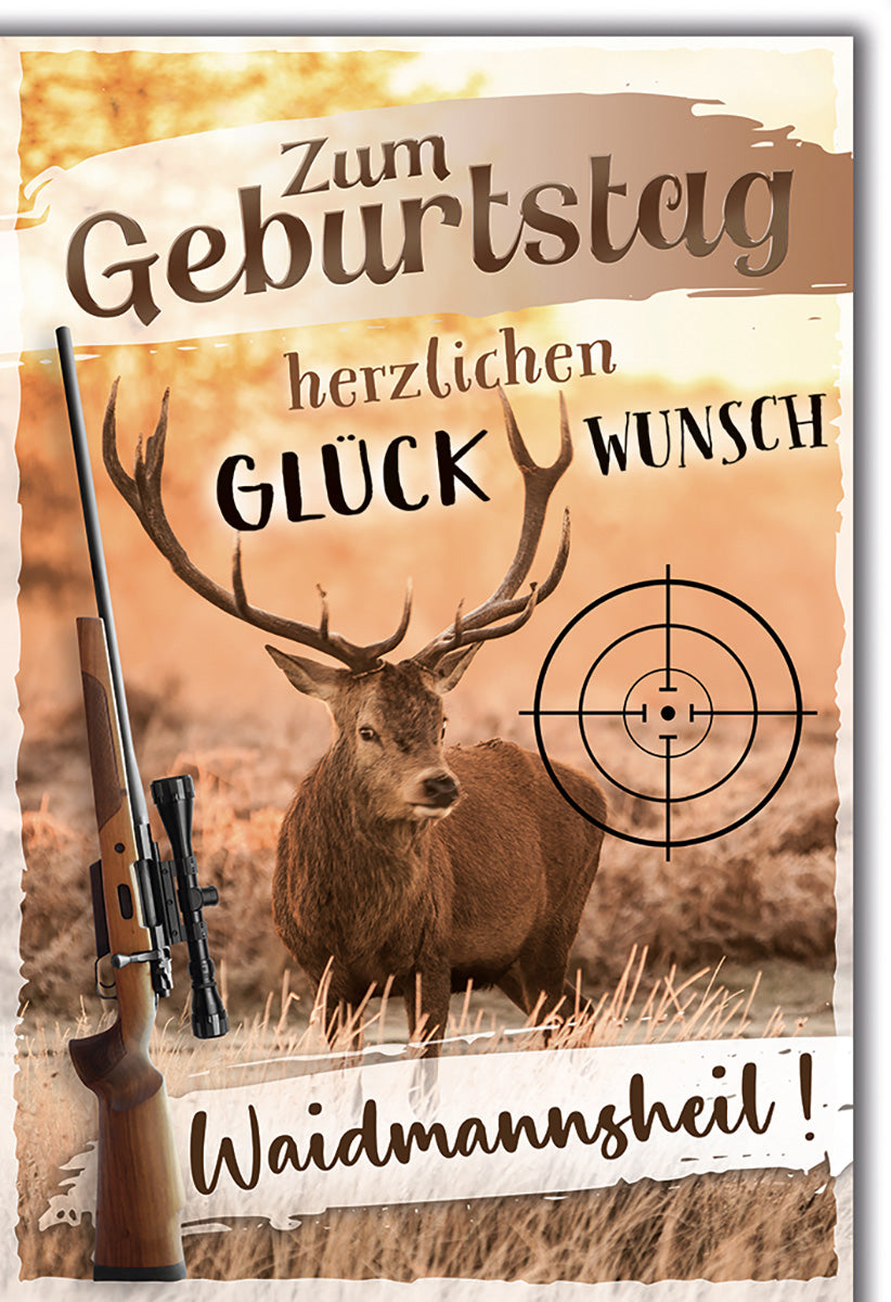 Geburtstagskarte für Jäger: Rustikales Hirschmotiv mit Gewehr und Zielscheibe im Naturdesign