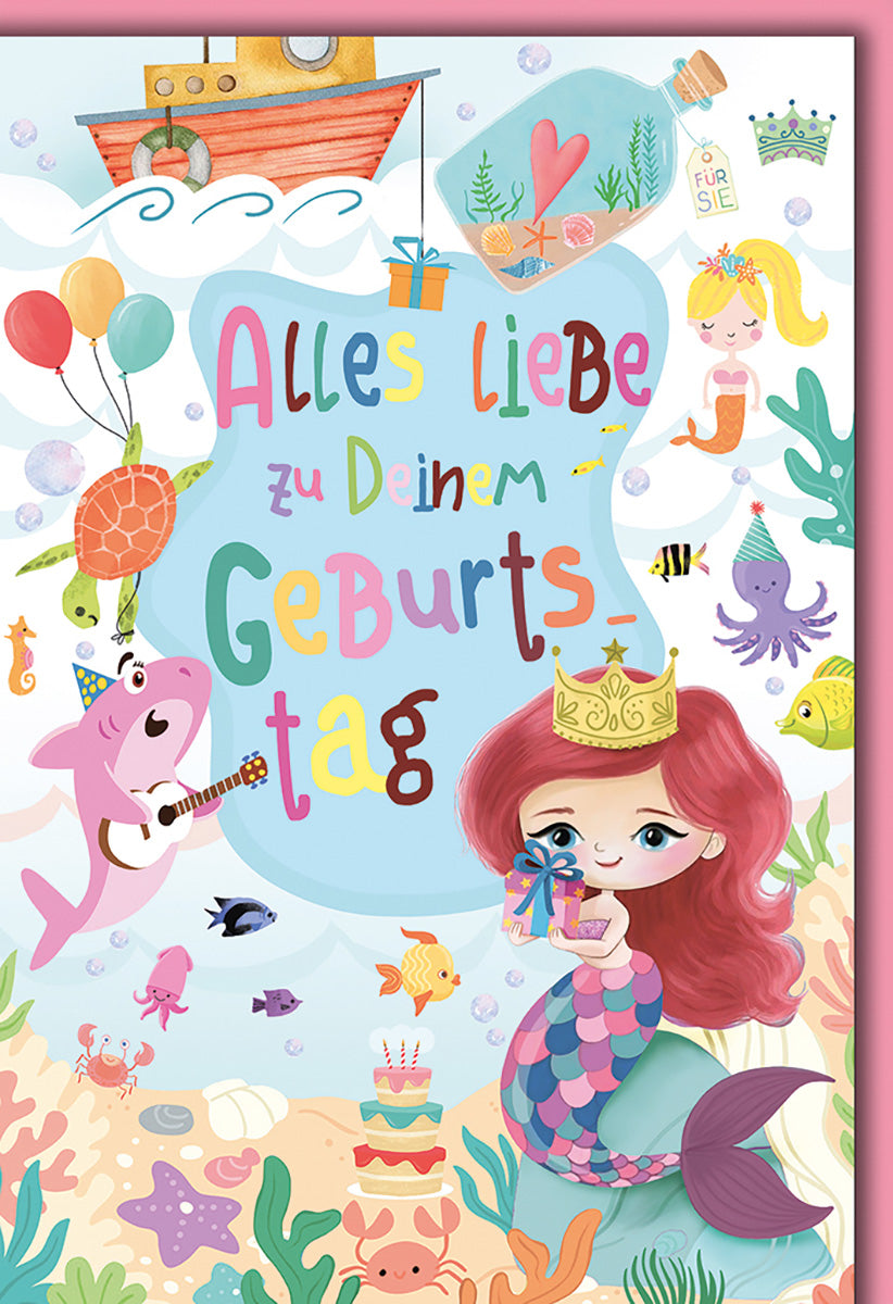 Geburtstagskarte für Kinder: Bunte Unterwasserwelt mit Meerjungfrau und Tieren, fröhliches Design