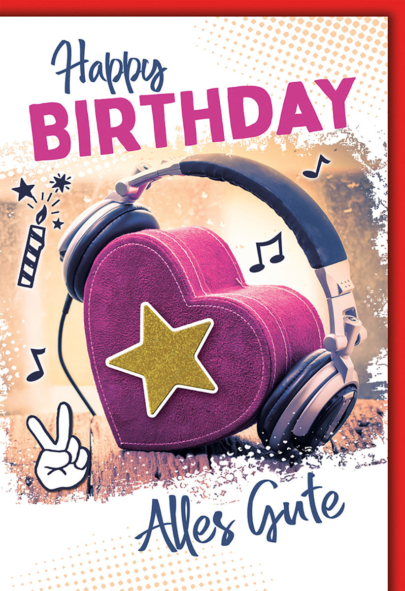 Geburtstagskarte für Musikliebhaber: Herz-Kopfhörer-Design, Pink & Gold, Fröhliche Geburtstagsgrüße