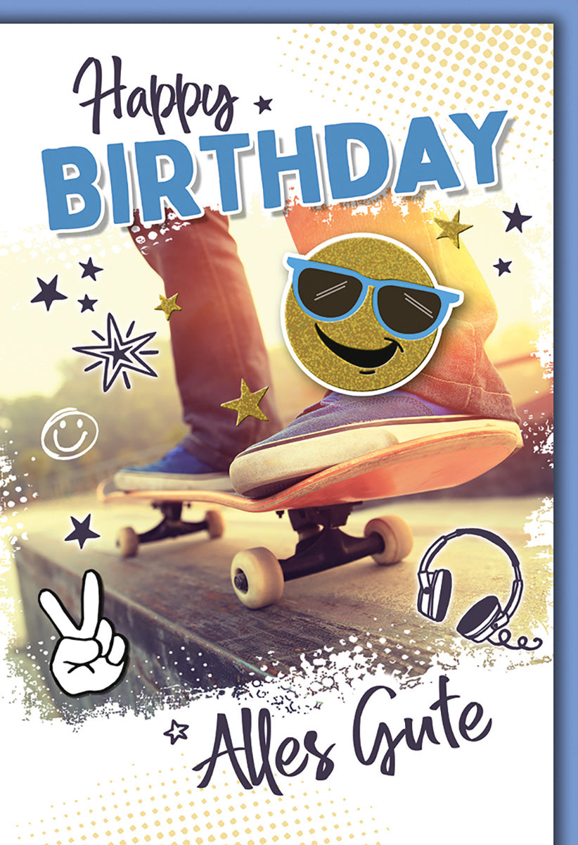 Geburtstagskarte für Skater: Coole Emoji-Motive, bunte Sterne und Kopfhörer-Design für Jugendliche