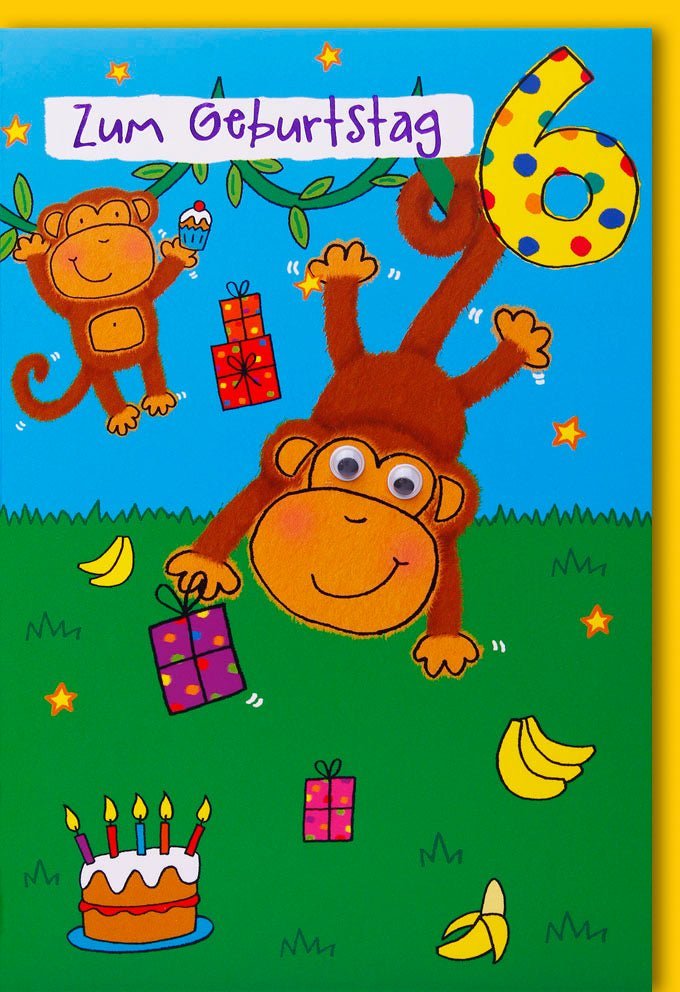 Geburtstagskarte 6 Jahre: Äffchen & Bananenkuchen mit passendem Kuvert – Freude & Magie für kleine Herzen