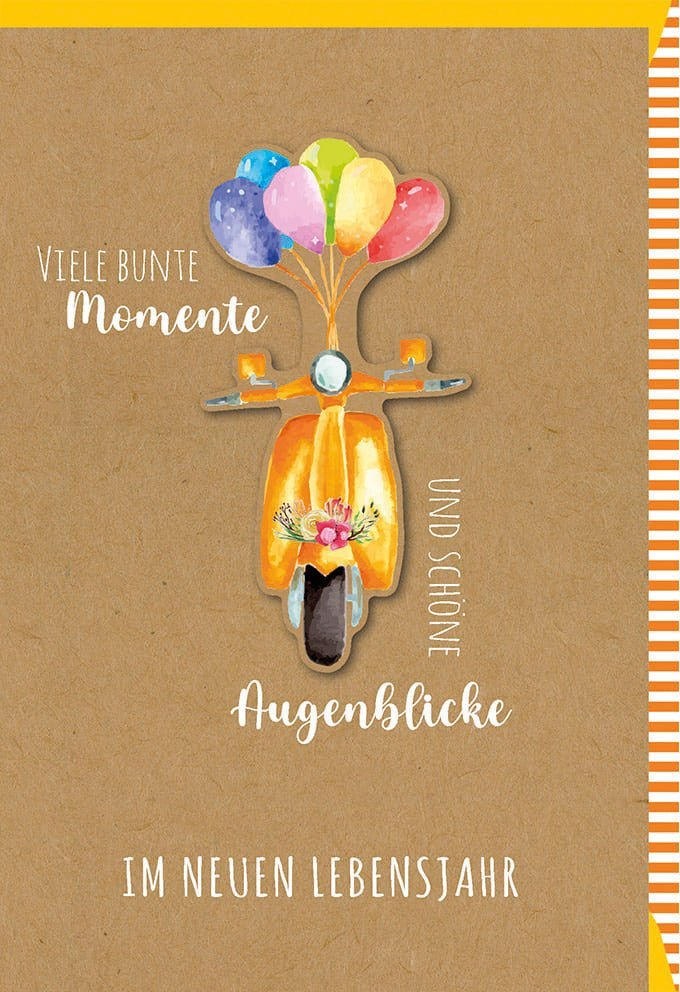 Geburtstagskarte Roller & Luftballons – Fröhliches Design in Orange, Gelb & Braun, mit Applikation & Folienprägung, inkl. Kuvert