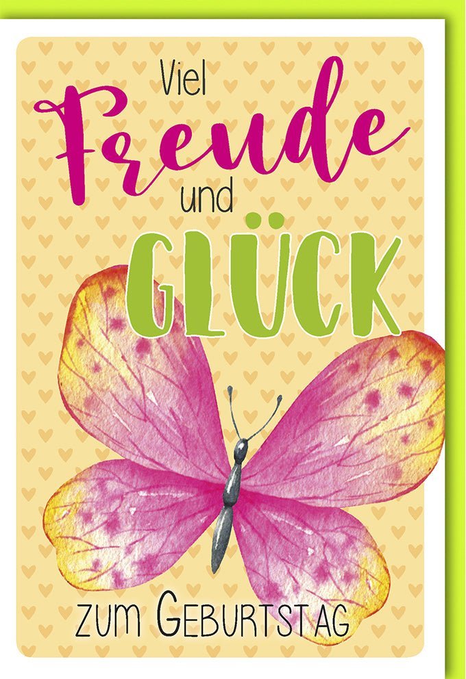 Geburtstagskarte mit Kuvert: Schmetterlingsmotiv Grün & Pink – Viel Freude & Glück zum Geburtstag, edler Naturkarton