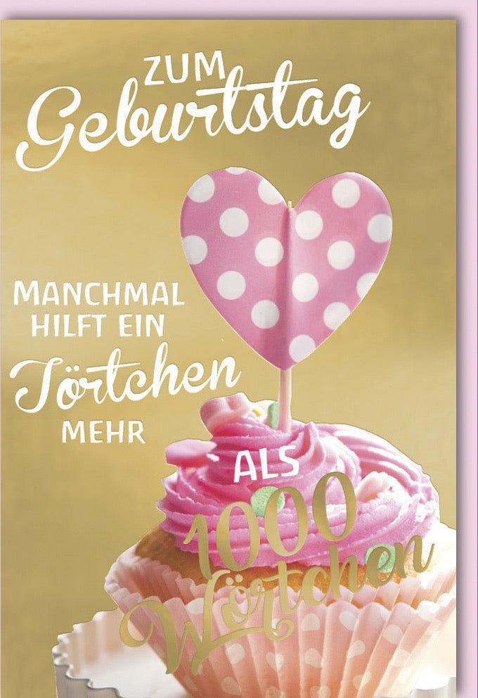 Geburtstagskarte für Frauen – Elegante Glückwünsche mit Cupcake, Herz & Polkadots in Rosa-Gold zum besonderen Fest