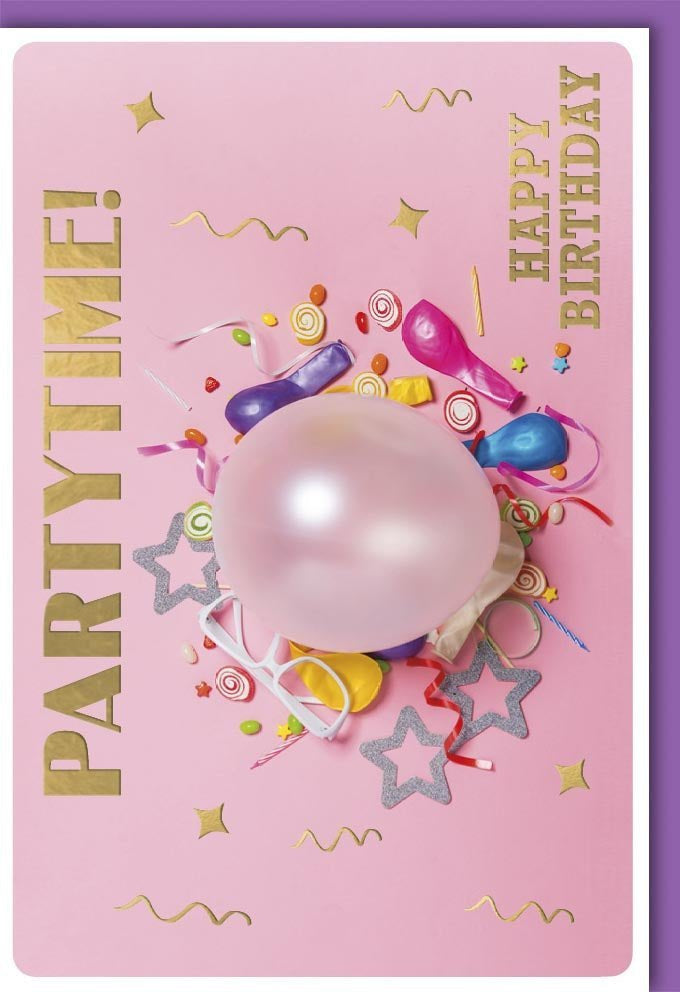 Geburtstagskarte Frauen: Glitzernde Partytime mit Luftballons & Konfetti – Pink, Lila & Sterne Design, mit Kuvert. Happy Birthday!