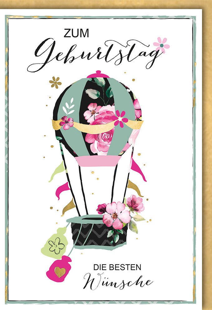 Grußkarte zum Geburtstag: Elegantes Blumen- & Ballondesign in Rosa & Grün. Perfekte Glückwünsche für Frauen – inkl. farblich passendem Kuvert.