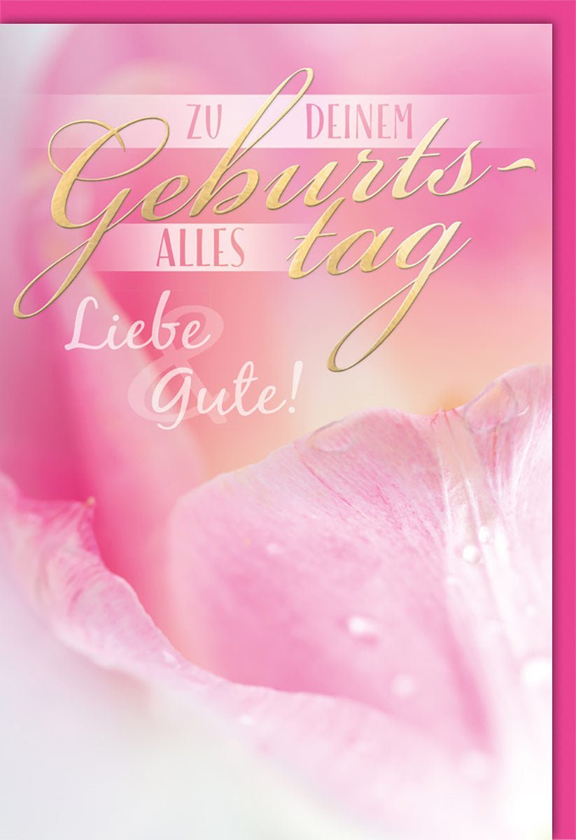 Geburtstagskarte für Kinder: Florales Design & goldene Schrift auf Rosa – Alles Liebe & Gute zum Geburtstag, inkl. Kuvert