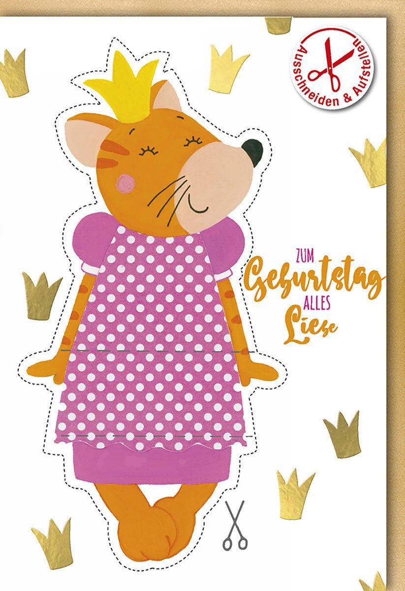 Kinder Geburtstagskarte: Liebevolle Katze mit Krone & Punkten - Glänzende Folienprägung, inklusive Kuvert