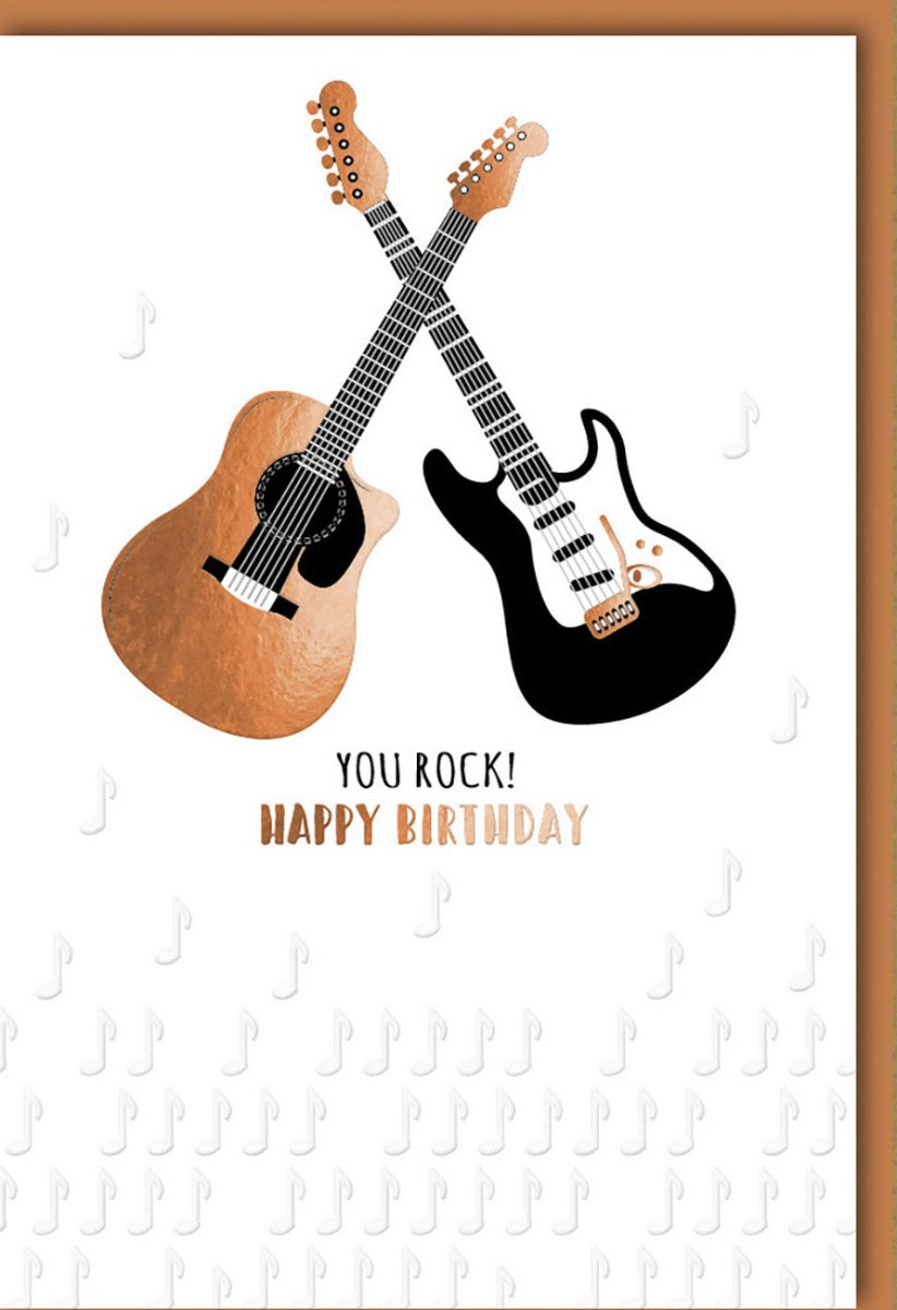 Geburtstagskarte für Musiker – Rock Gitarren Design "You Rock Happy Birthday" mit Blind- & Folienprägung, Naturkarton & Kuvert