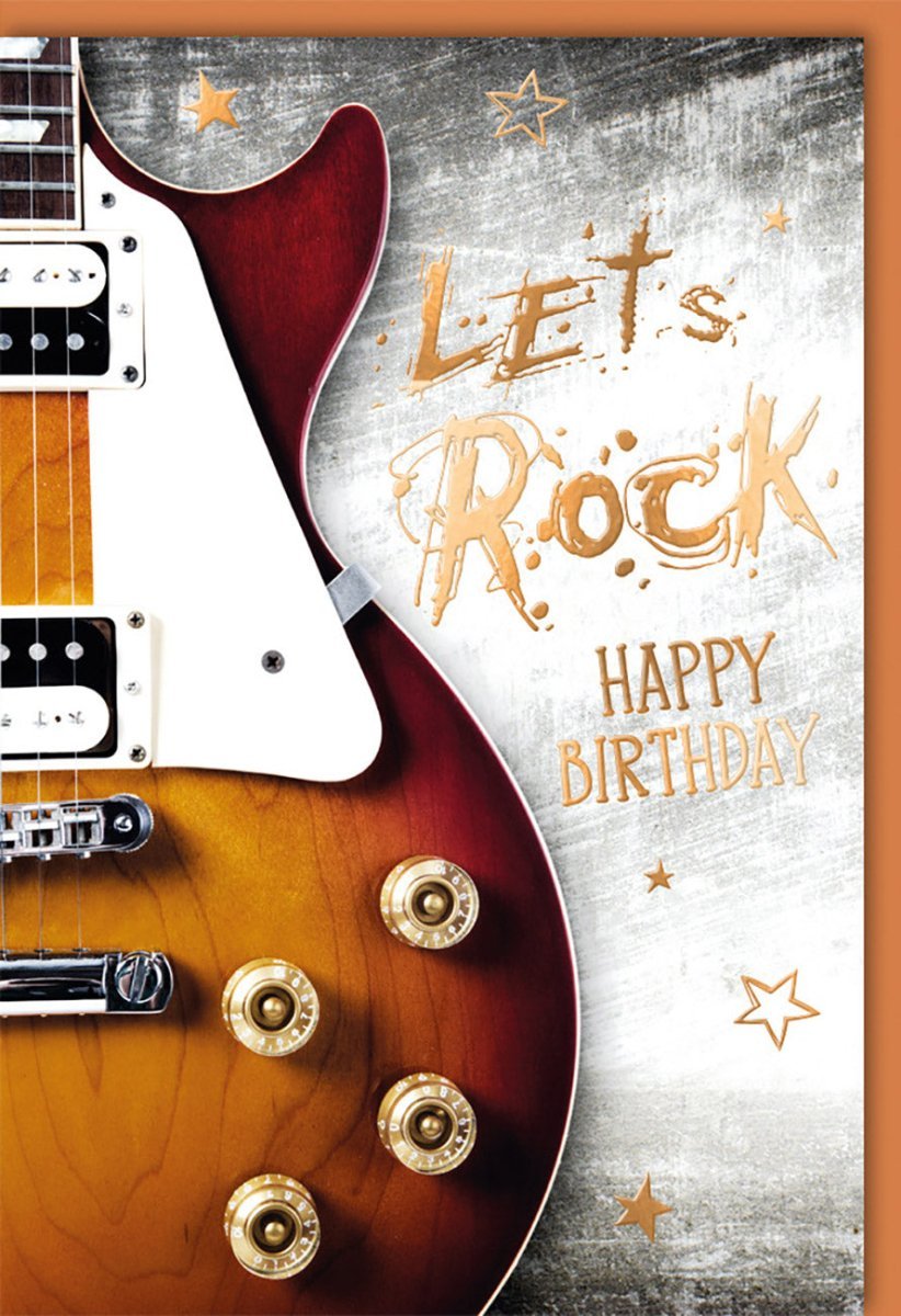 Geburtstagskarte Rock'n'Roll: Vintage Musik-Design mit "Let´s rock Happy Birthday" Folienprägung – für Musiker & Partys mit Kuvert