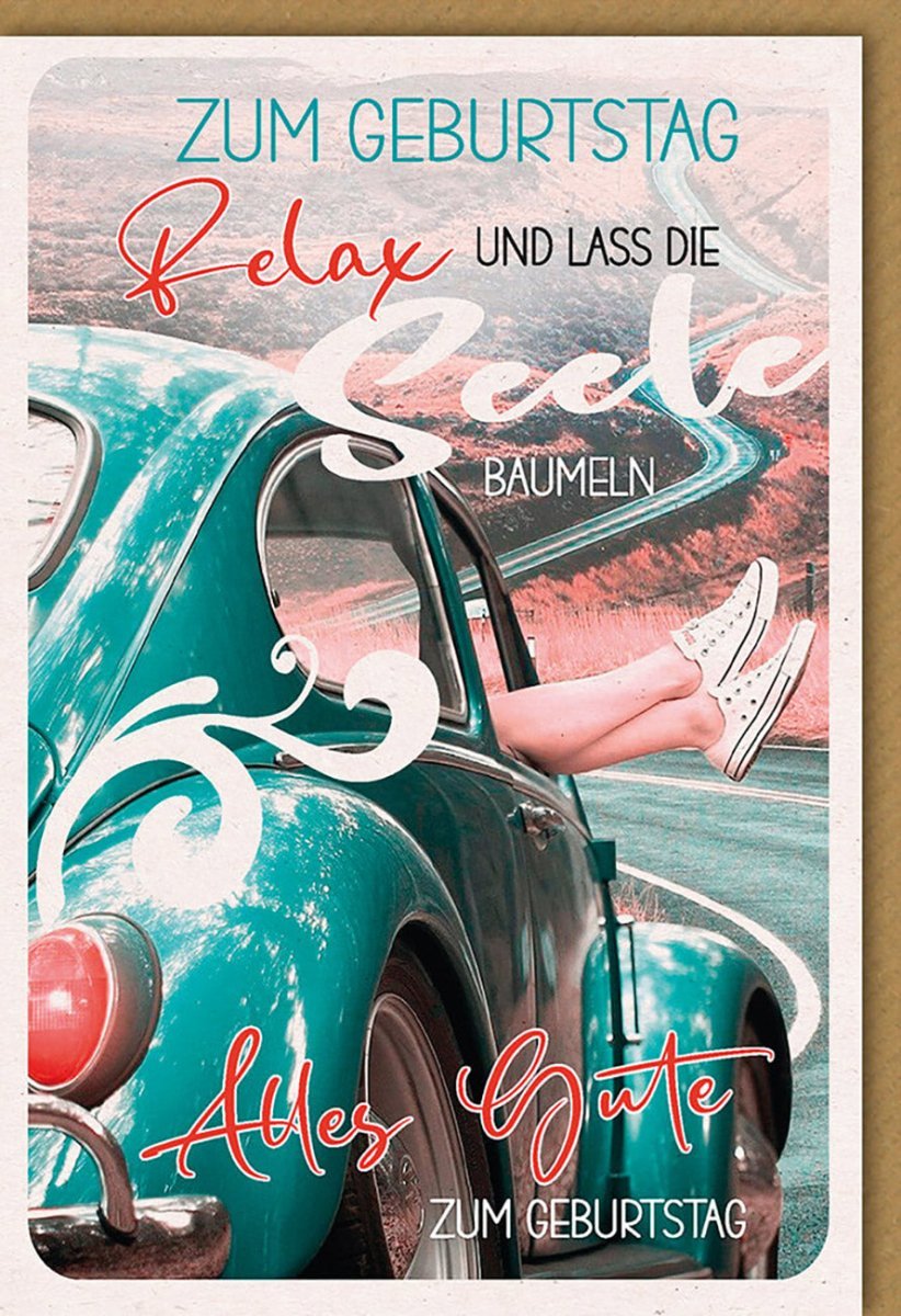 Geburtstagskarte: Retro-Auto & Relax-Motiv, aus Naturkarton – Liebevolle Wünsche für den Partner, Vintage-Charme, mit Kuvert