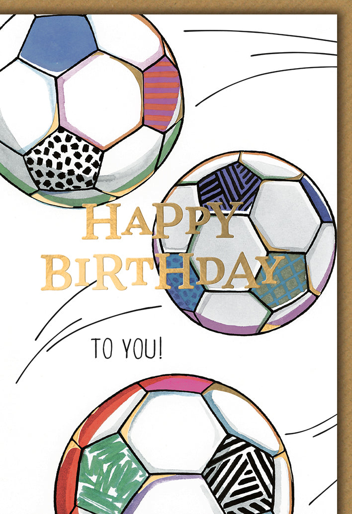 Geburtstagskarte Fußball: Drei Bälle mit bunten Mustern und Bewegungslinien, modern