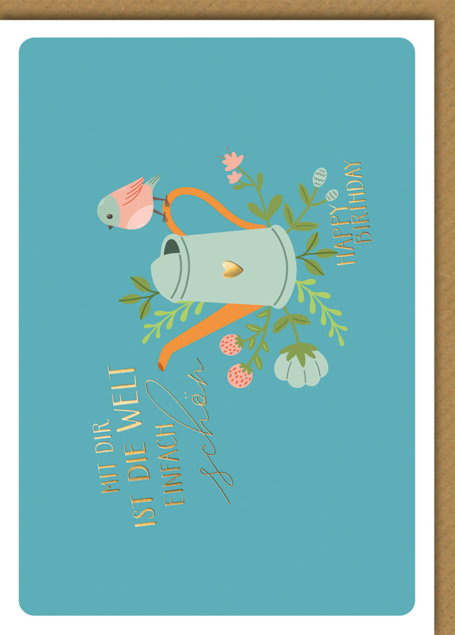 Geburtstagskarte Gärtner: Türkise Gießkanne mit Vogel und Blumen, elegante Typografie