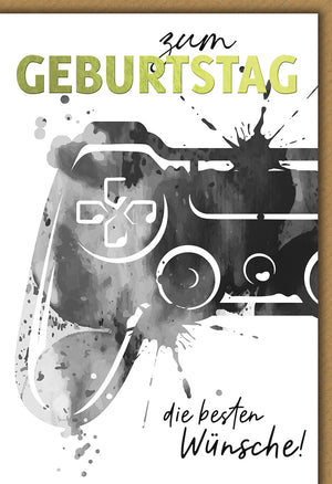 Geburtstagskarte Gaming: Controller in Aquarell-Technik, moderne Typografie