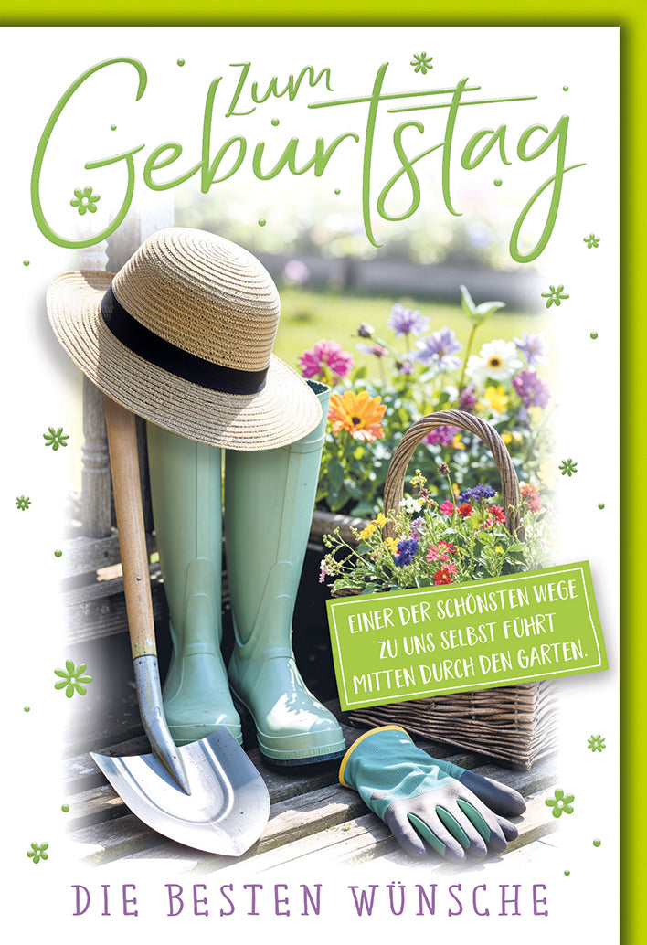 Geburtstagskarte Garten: Strohhut und Gummistiefel mit Blumenkorb, Gartenspruch